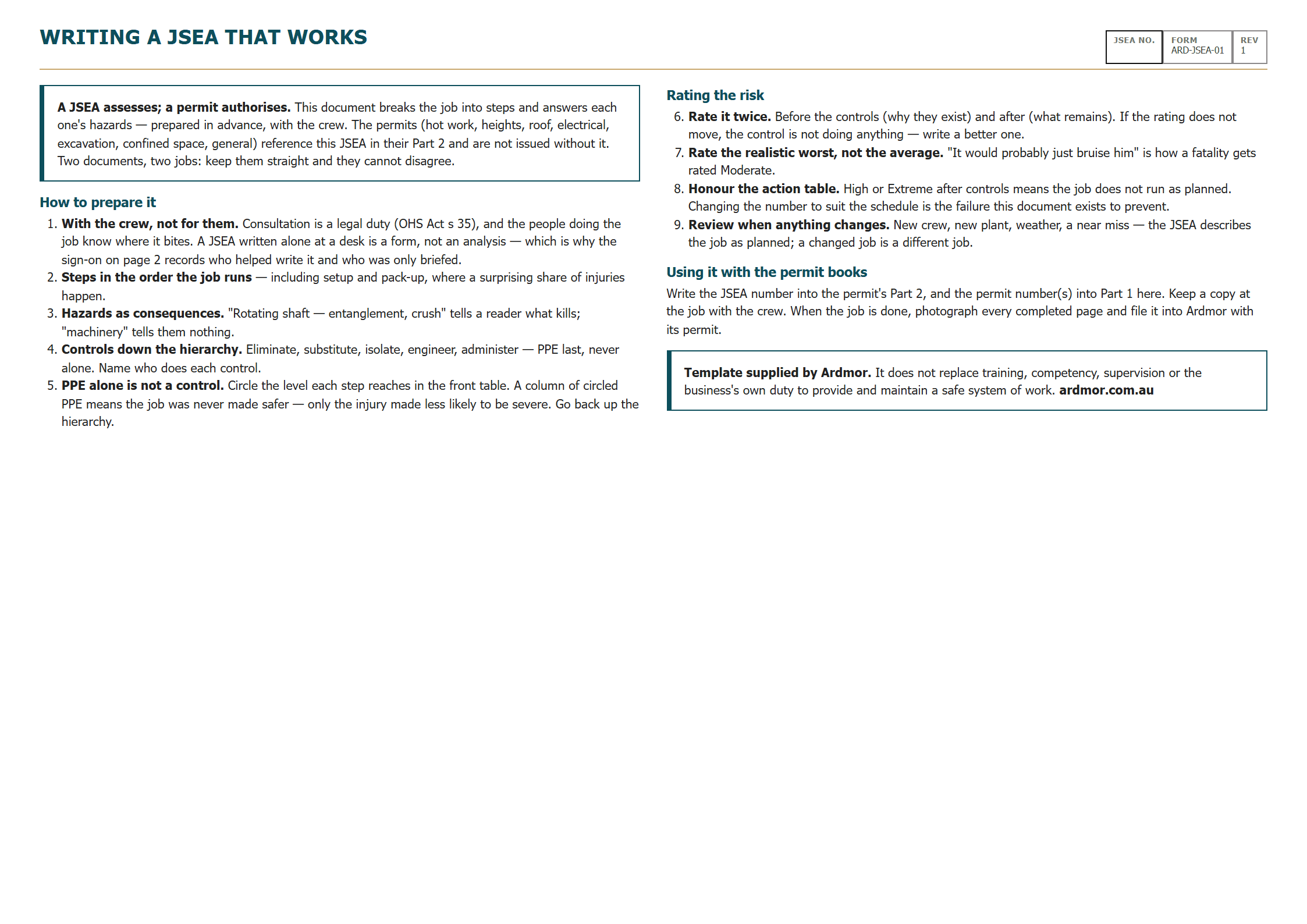 Page 1 of the JSEA template: how to write one that works.