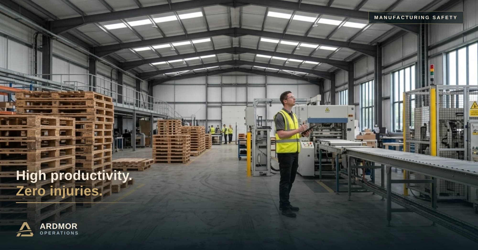 Taylor Scott on a manufacturing floor in hi-vis, tablet in hand, looking up at the plant. Overlaid on the photograph: Manufacturing safety — High productivity. Zero injuries. Ardmor Operations.