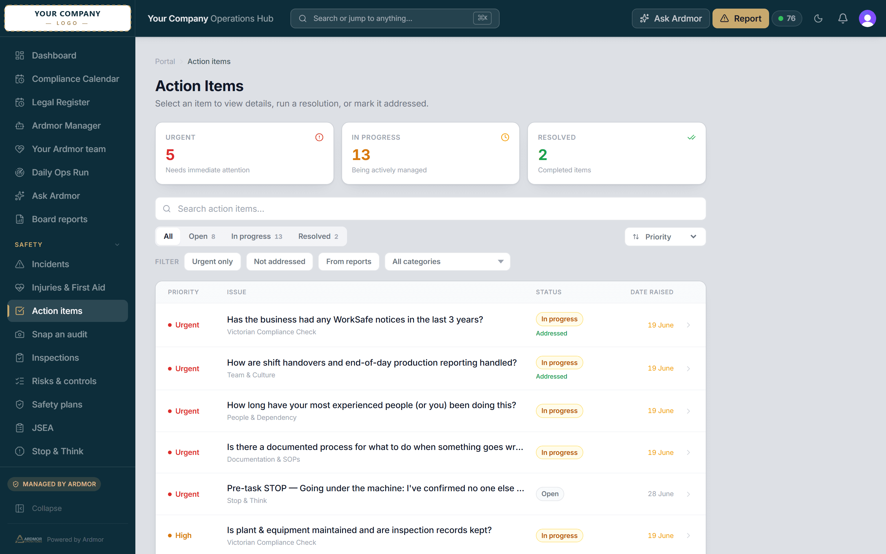 Prioritised action items in the Hub, each with its status and the close-out it needs.